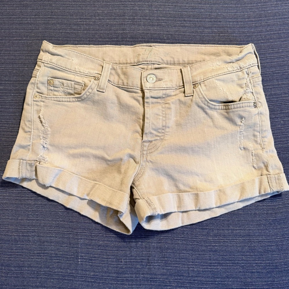 7 For All Mankind Tan Distressed Denim Shorts Button Fly Low Rise Size 27 Gray